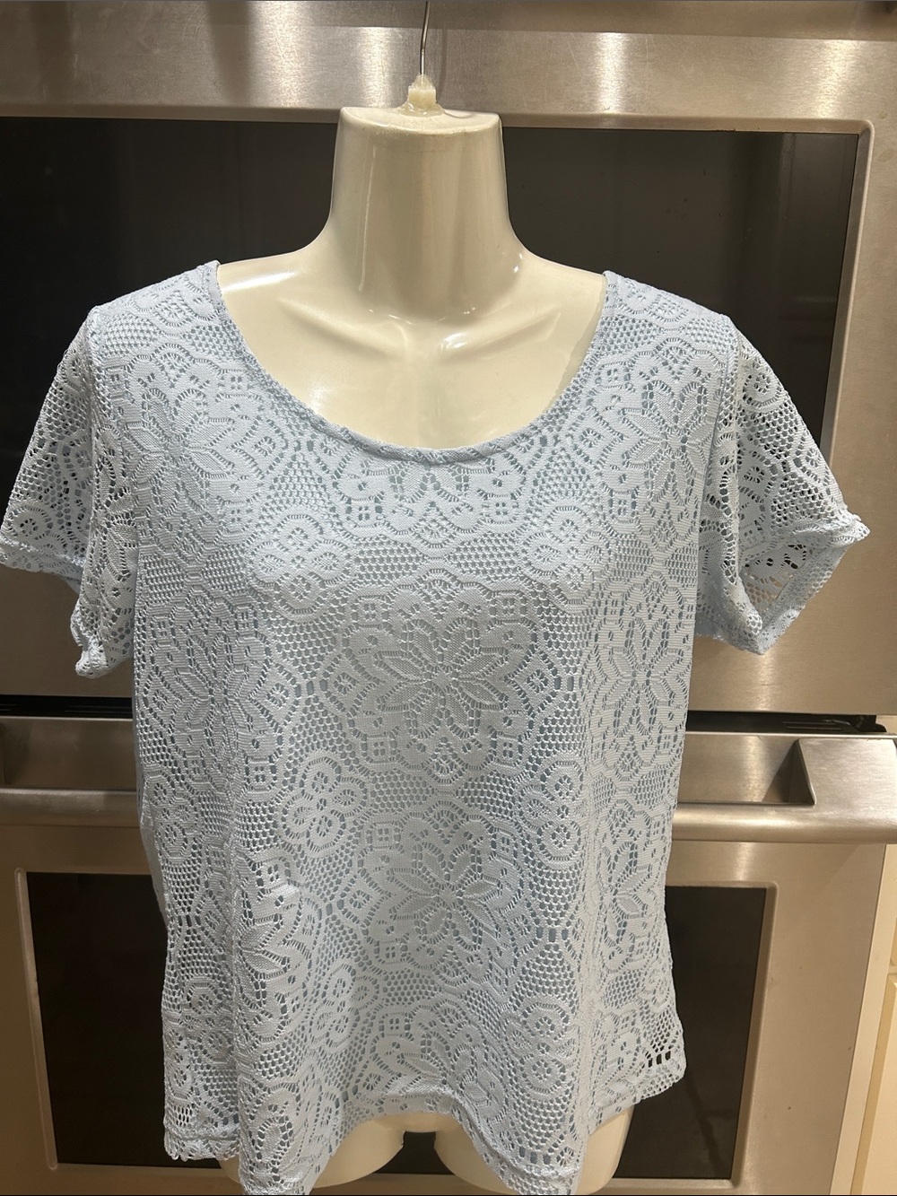 Sag Harbor Light Blue Crochet Lace Short Sleeve Top